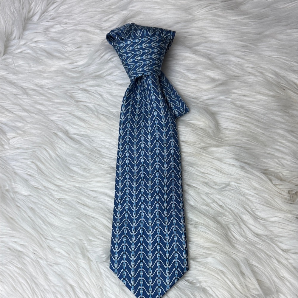 Hermes Blue Patterned Silk Tie